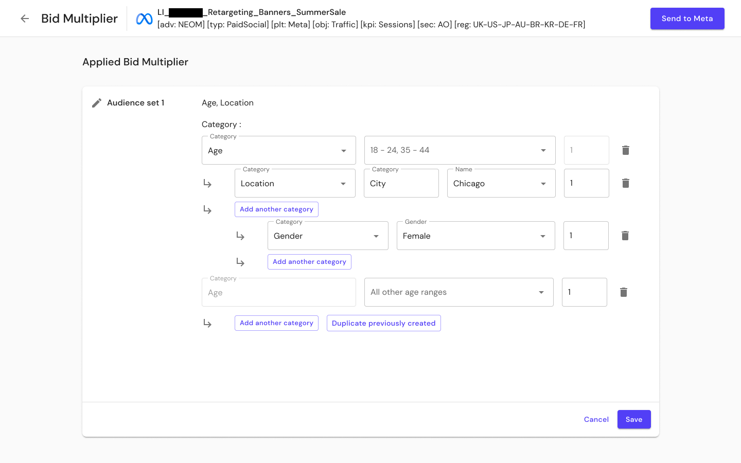 J+Bidding Bid Multiplier UI showing audience set configuration with nested demographic categories and the Send to Meta action