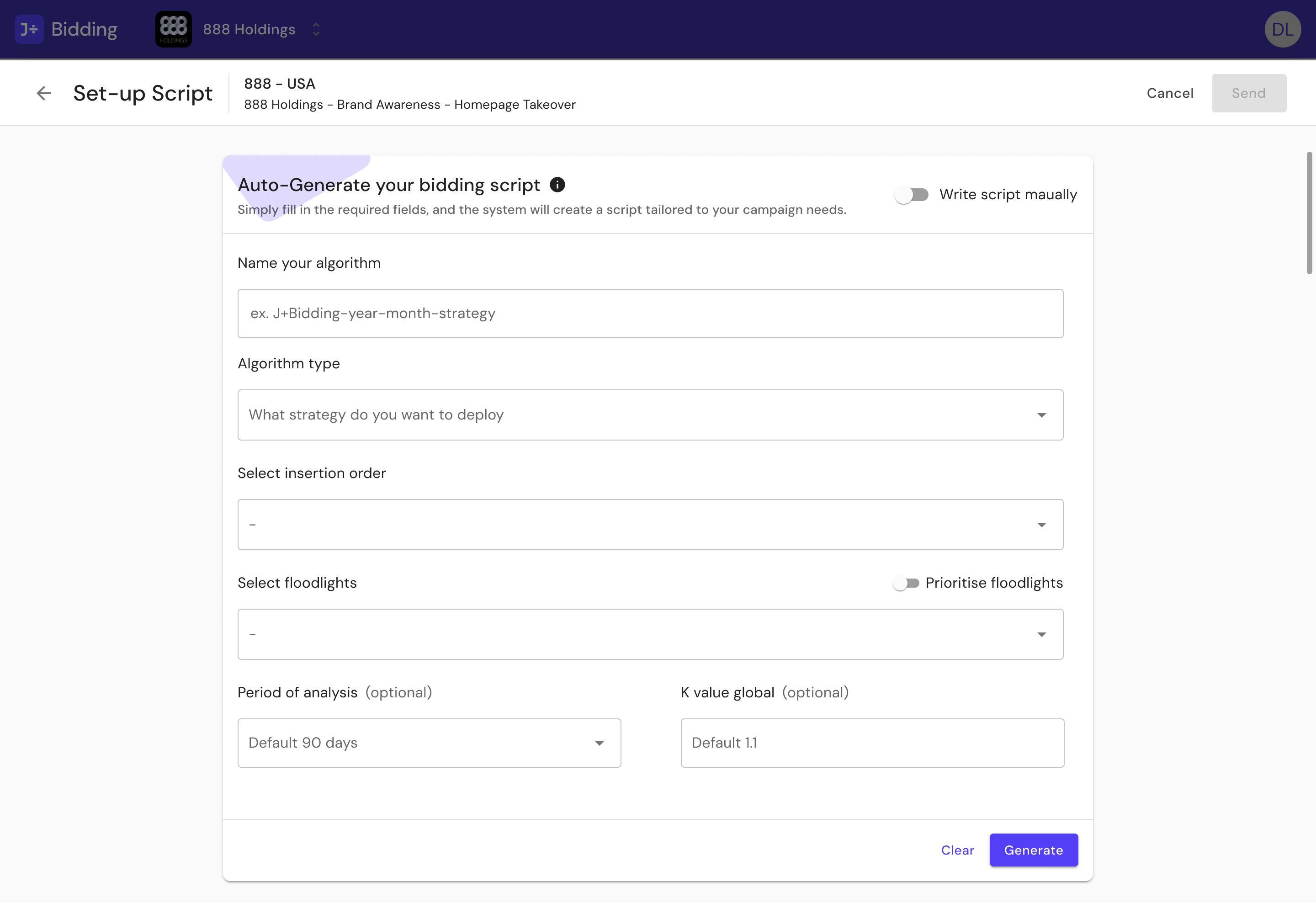 J+Bidding DV360 script setup interface showing auto-generate and manual creation paths