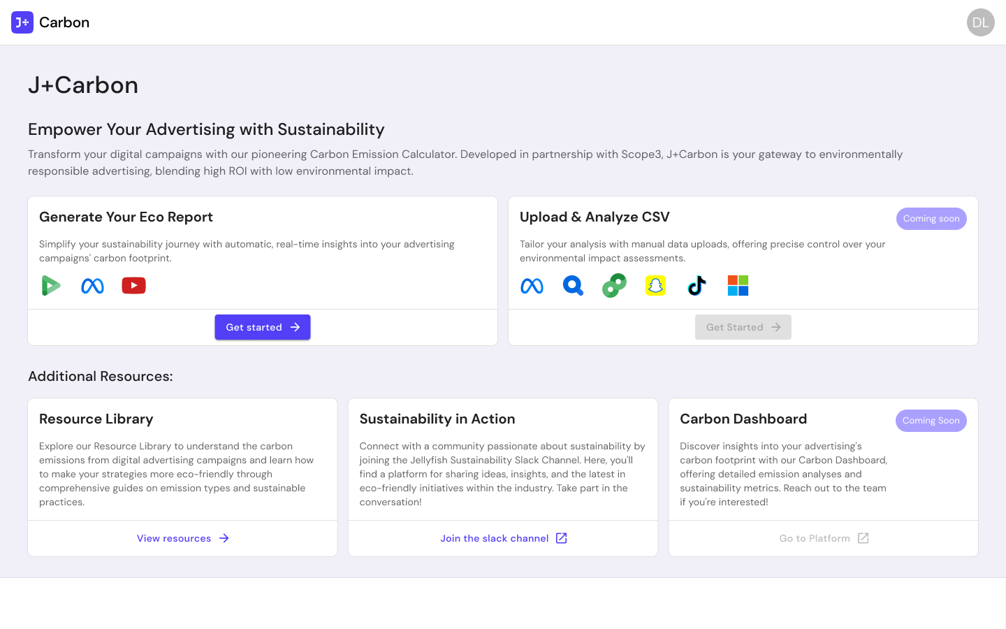 J+Carbon landing page showing eco report generation and CSV upload features with platform integrations