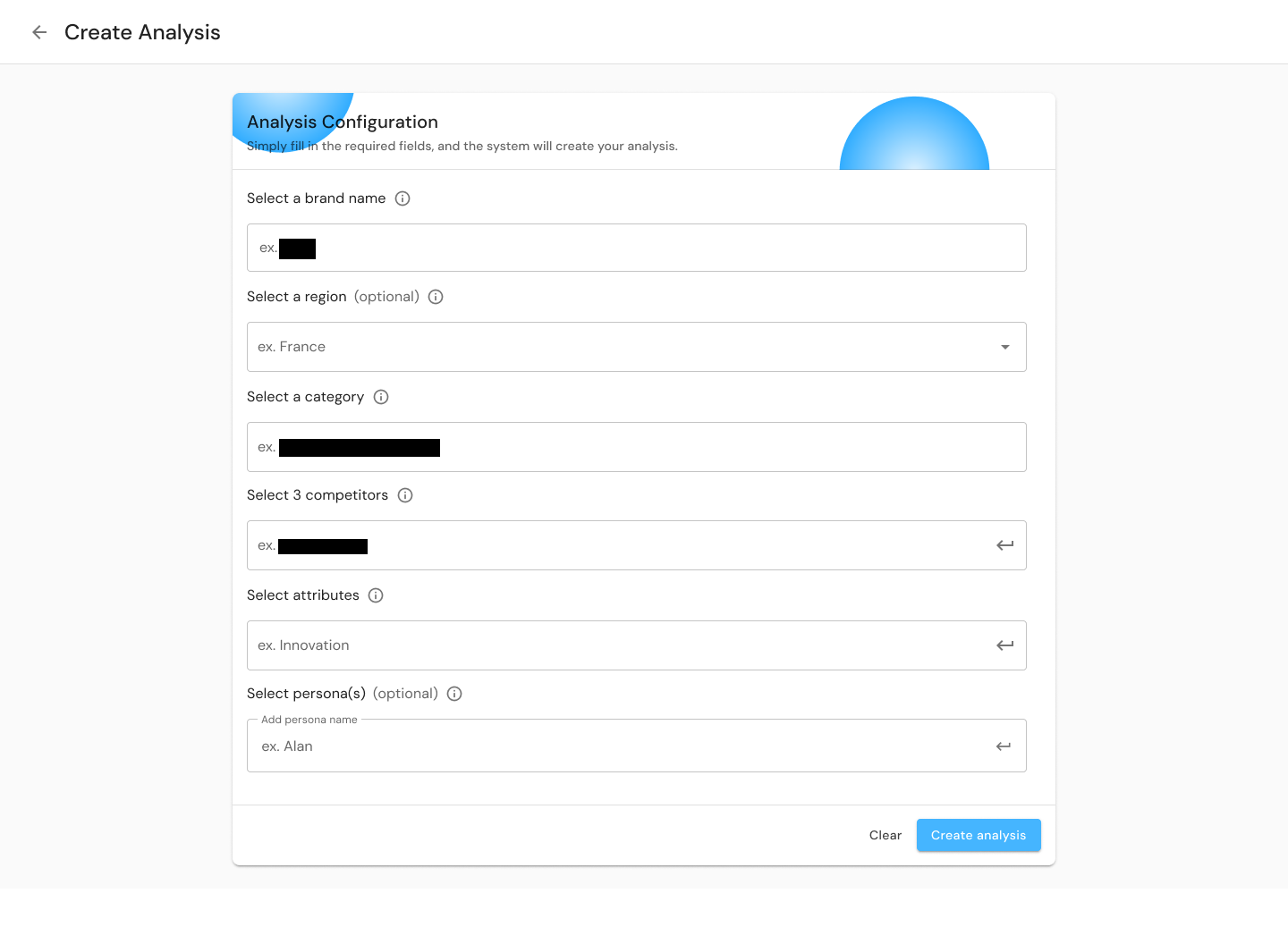 J+IQ configuration flow showing brand, region, category, competitor, and attribute selection