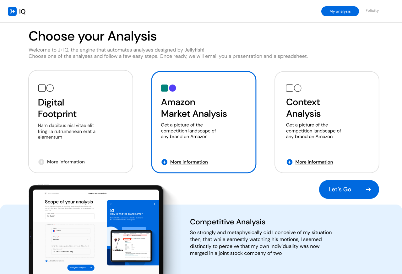 J+IQ dashboard interface showing automated competitive report generation