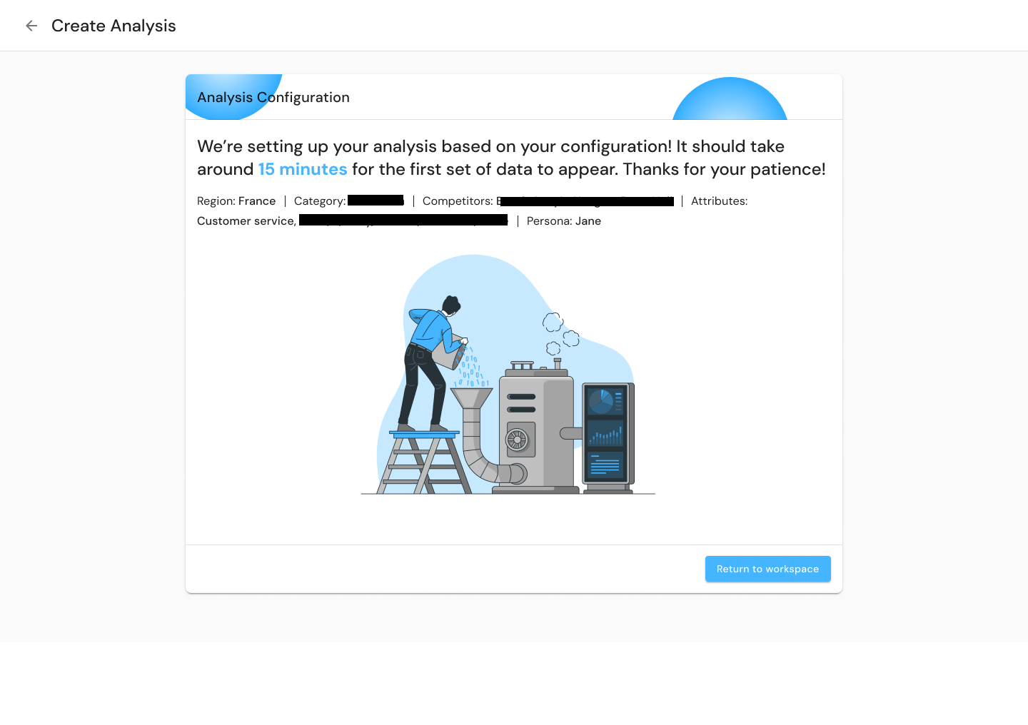 Configure analysis screens showing the step-by-step setup and the 15 minutes processing message