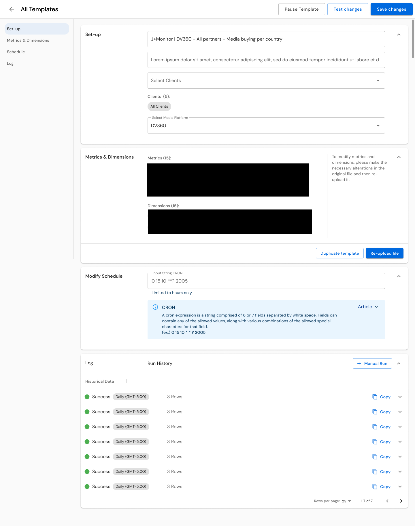 Template modification screen showing scheduling controls, linked clients, metrics and dimensions, and run history