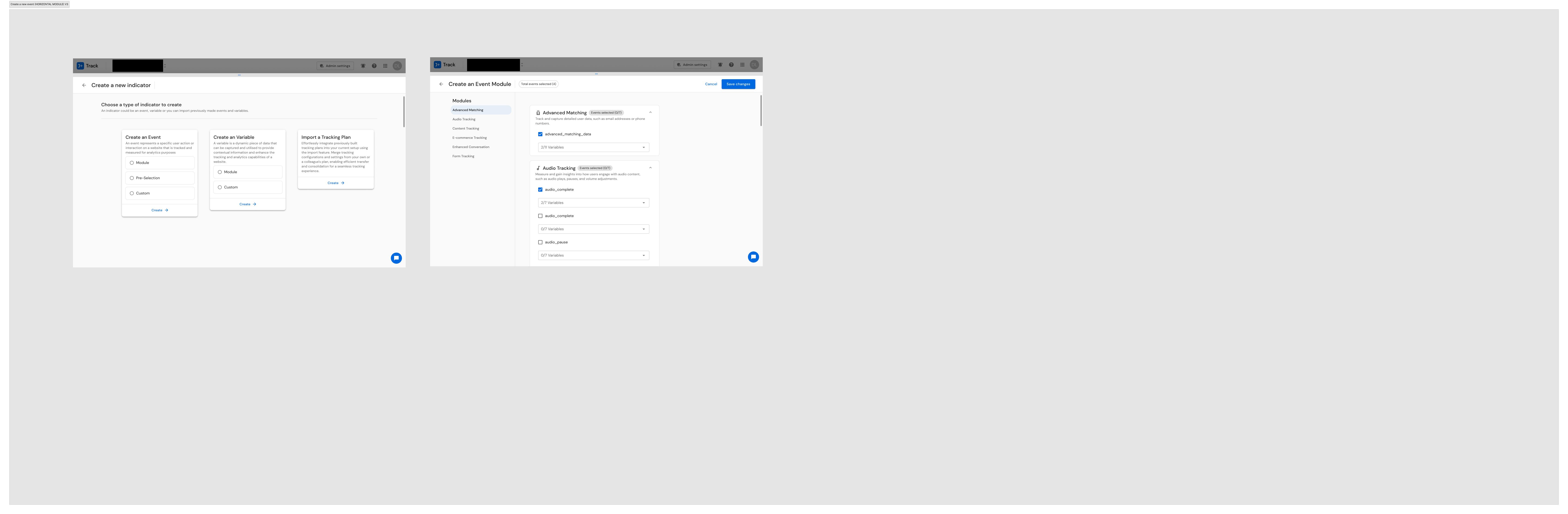 J+Track V2.0 Create a New Event horizontal module screen showing the redesigned interface