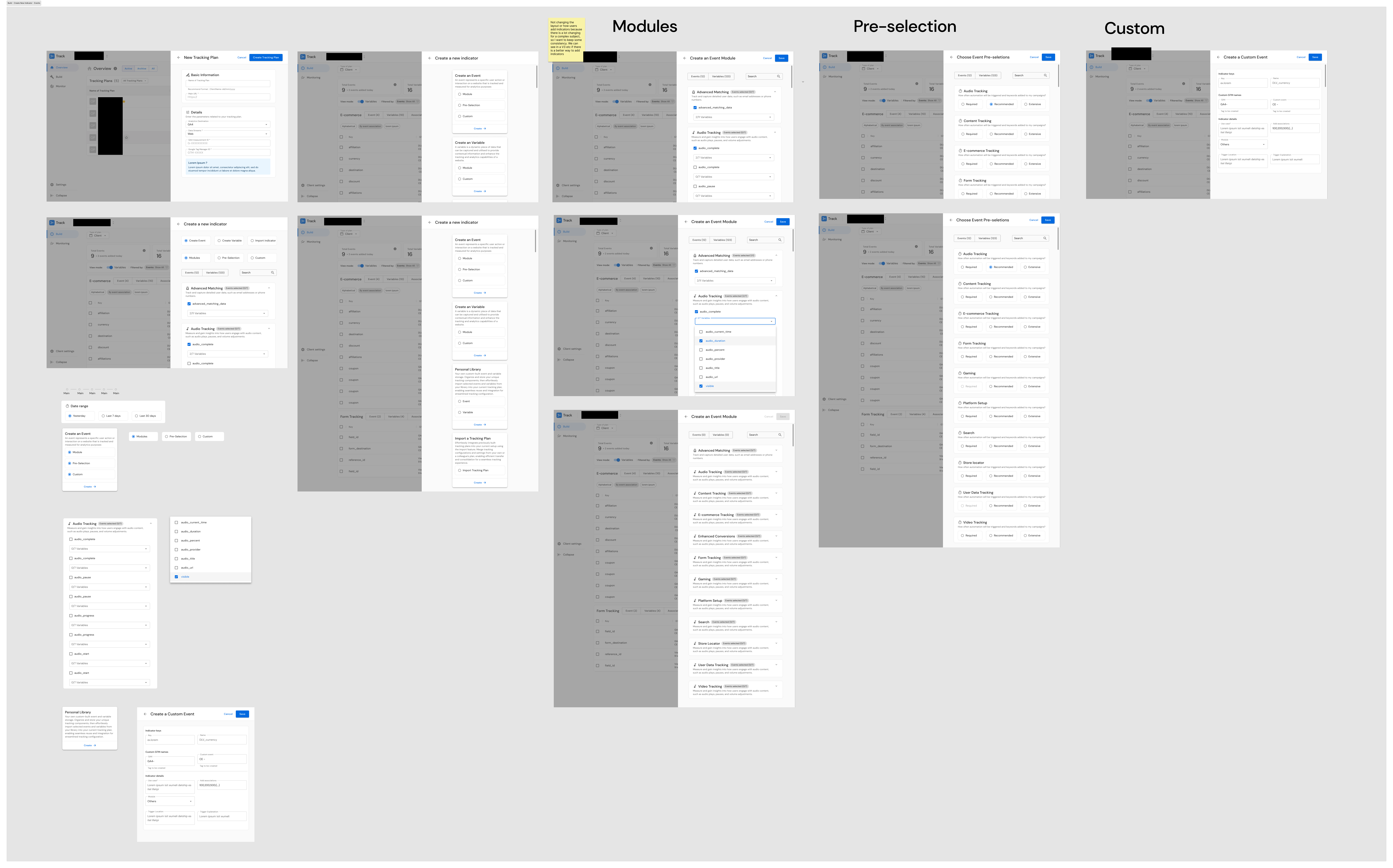 J+Track V2.0 Figma screens showing redesigned Create New Indicator for Events, addressing top audit findings