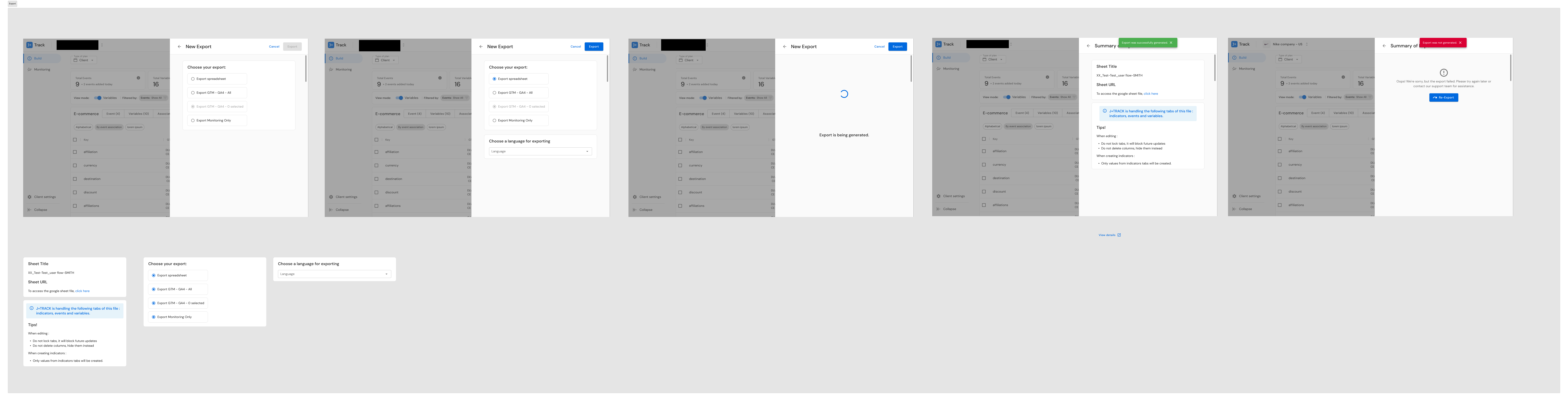 J+Track V2.0 Export screen showing improved tracking plan export workflow