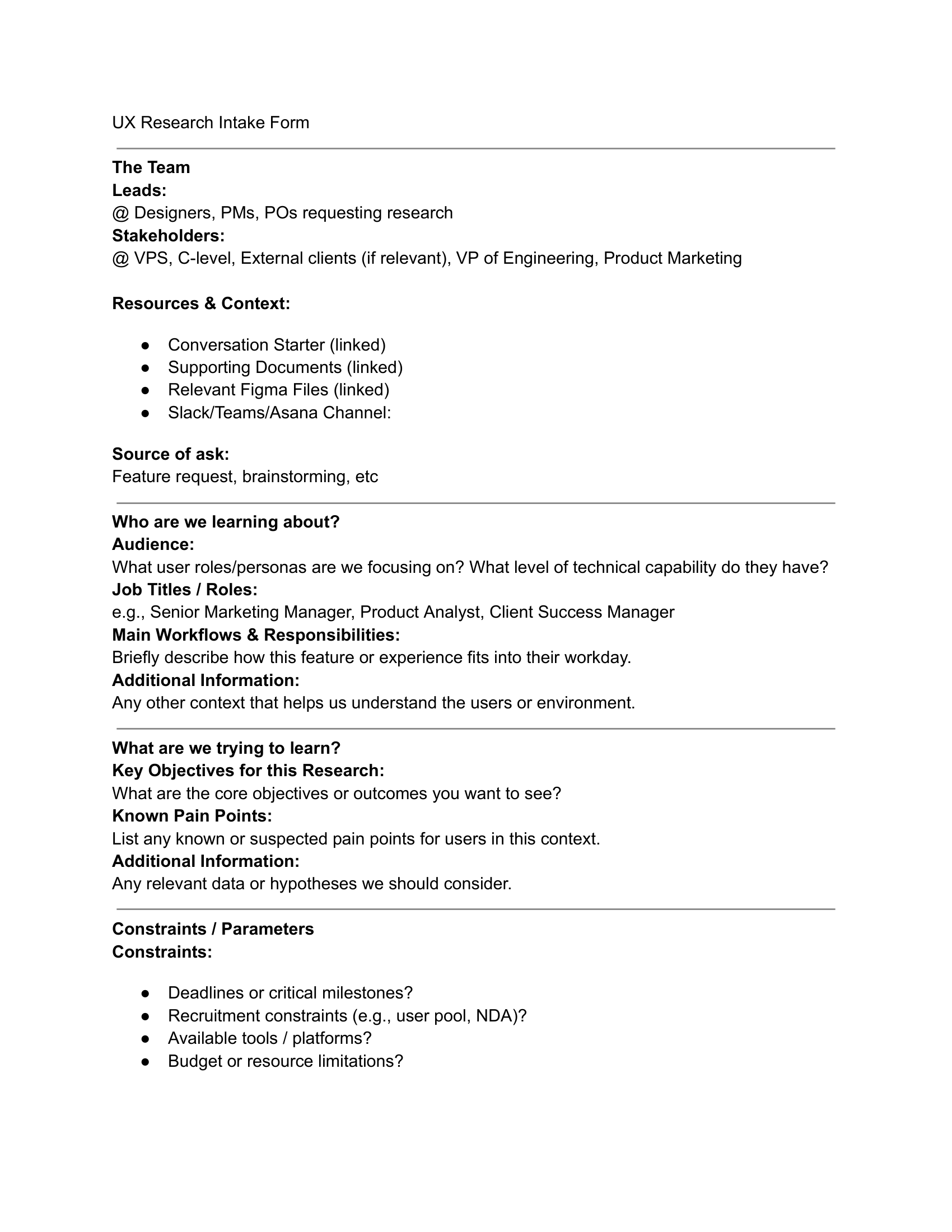 Intake form showing stakeholder fields and value alignment section