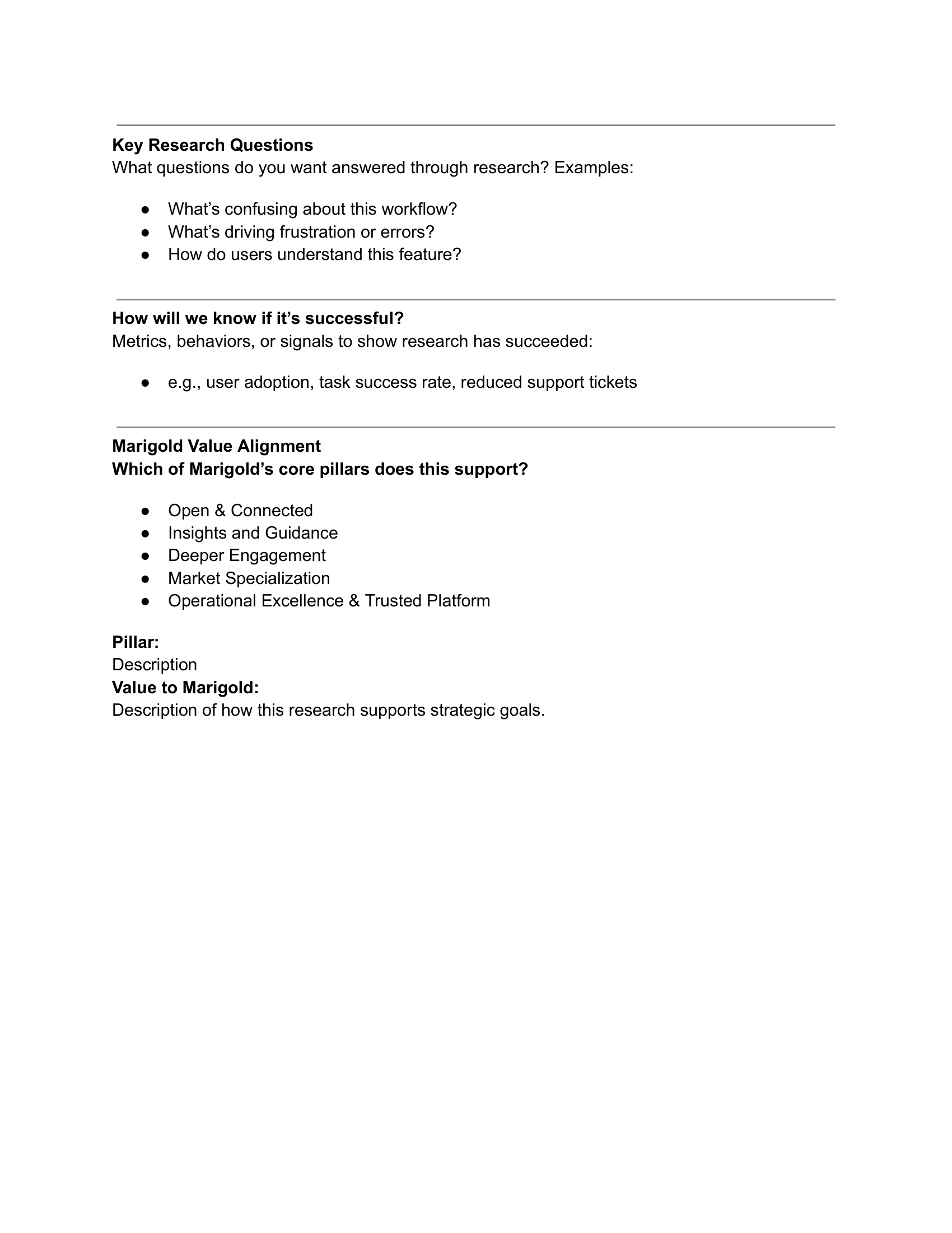 UX Research Intake Form showing strategic value pillar alignment