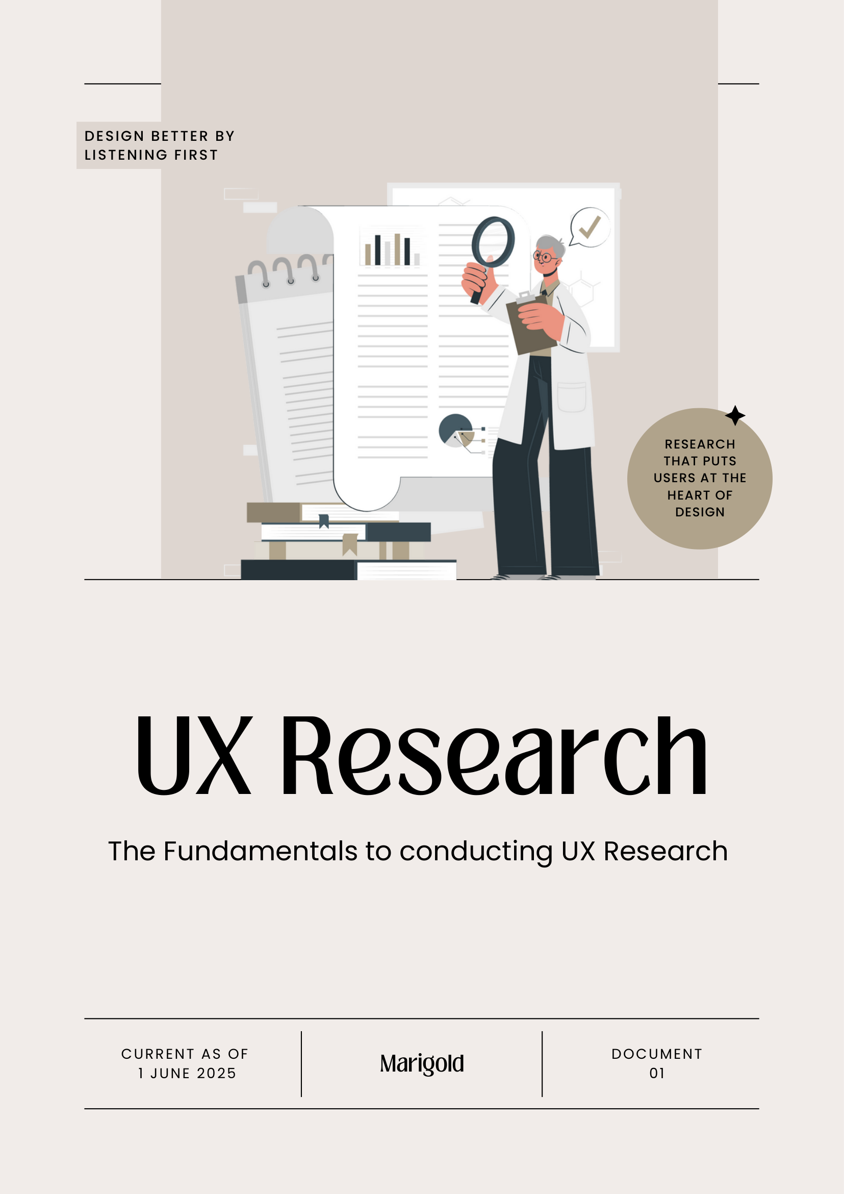 UX Research Fundamentals guide -- cover page and decision tree spread